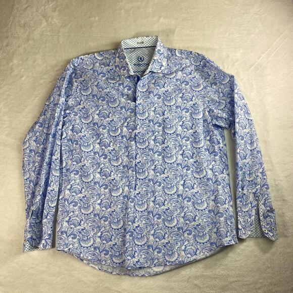Bugatchi Uomo Men’s Large Blue White Paisley Long Sleeve Button Up Shirt Cotton - Picture 1 of 8